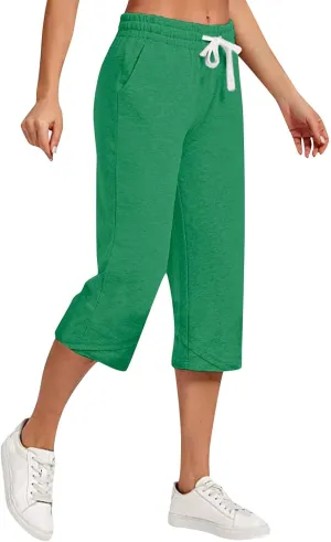 Cotton Linen Capri Pants for Women Casual Elastic Waist Drawstring Wide Leg 3/4 Short Lightweight Summer Beach Capris