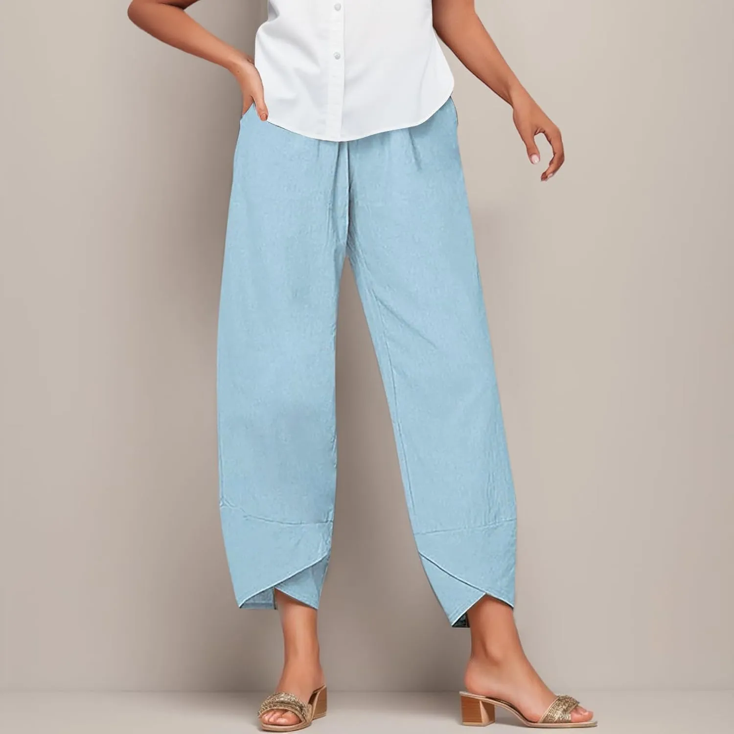 Cotton Linen Capri Pants for Women Casual Summer Cropped Baggy Yoga Comfy Trousers Palazzo Lounge Pants with Pockets