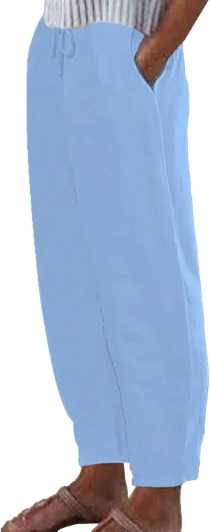 Cotton Linen Pants for Women Drawstring Elastic Waist Straight Leg Trousers Casual Spring and Summer Beach Pant