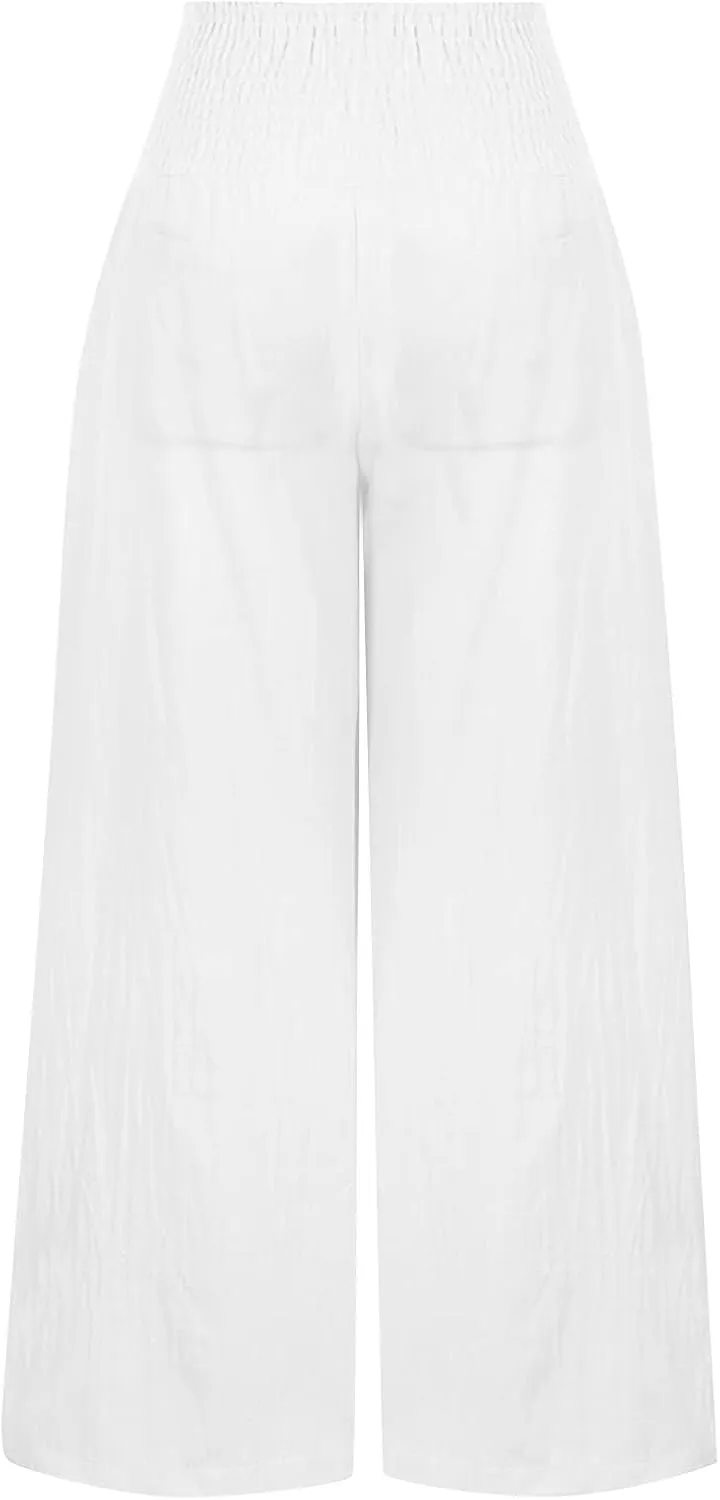 Cotton Linen Pants for Women High Waisted Casual Palazzo Pants Loose Fit Summer Wide Leg Lounge Beach Trousers with Pockets