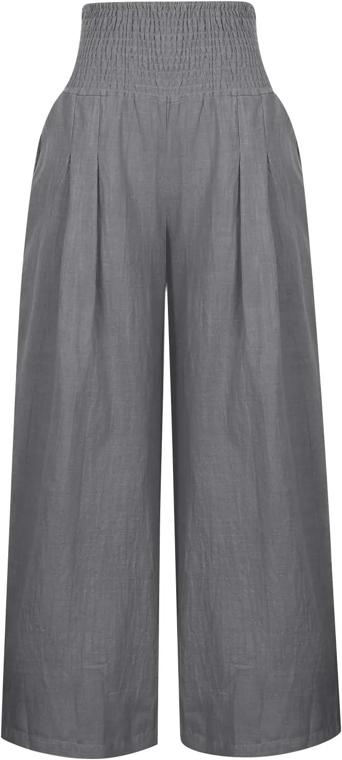 Cotton Linen Pants for Women High Waisted Casual Palazzo Pants Loose Fit Summer Wide Leg Lounge Beach Trousers with Pockets