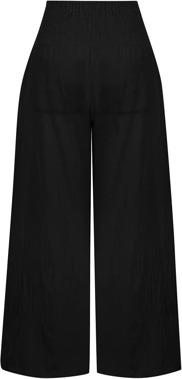 Cotton Linen Pants for Women High Waisted Casual Palazzo Pants Loose Fit Summer Wide Leg Lounge Beach Trousers with Pockets