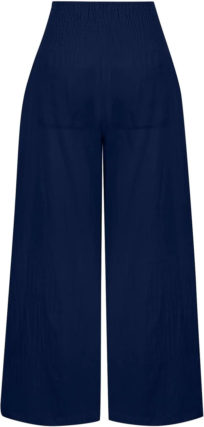Cotton Linen Pants for Women High Waisted Casual Palazzo Pants Loose Fit Summer Wide Leg Lounge Beach Trousers with Pockets