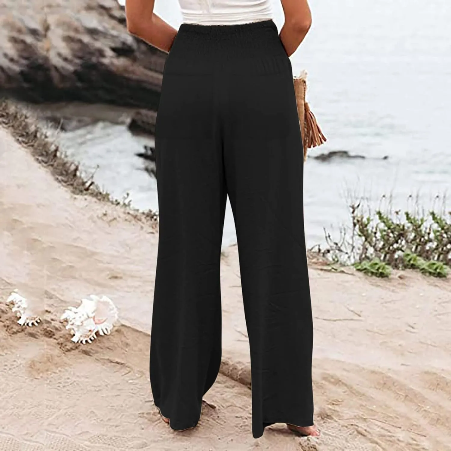Cotton Linen Pants for Women High Waisted Casual Palazzo Pants Loose Fit Summer Wide Leg Lounge Beach Trousers with Pockets