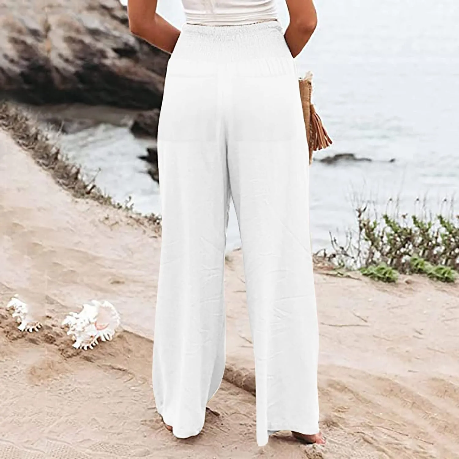 Cotton Linen Pants for Women High Waisted Casual Palazzo Pants Loose Fit Summer Wide Leg Lounge Beach Trousers with Pockets