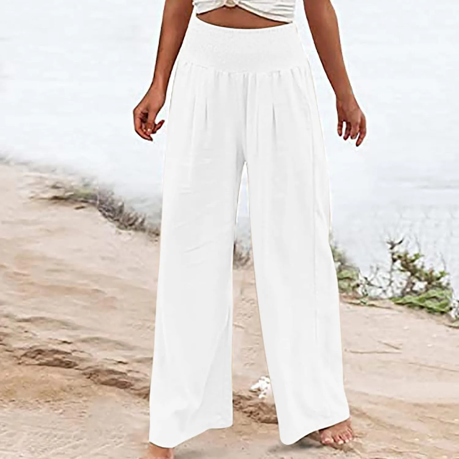 Cotton Linen Pants for Women High Waisted Casual Palazzo Pants Loose Fit Summer Wide Leg Lounge Beach Trousers with Pockets