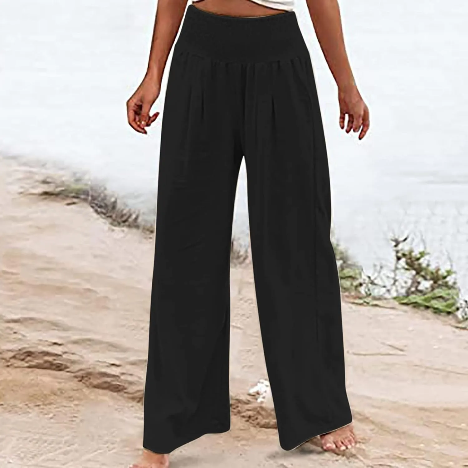 Cotton Linen Pants for Women High Waisted Casual Palazzo Pants Loose Fit Summer Wide Leg Lounge Beach Trousers with Pockets