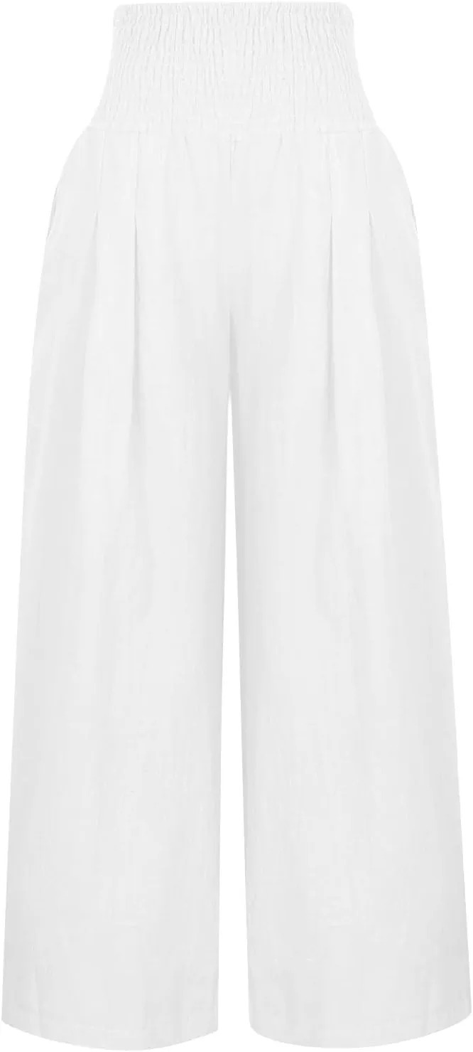 Cotton Linen Pants for Women High Waisted Casual Palazzo Pants Loose Fit Summer Wide Leg Lounge Beach Trousers with Pockets