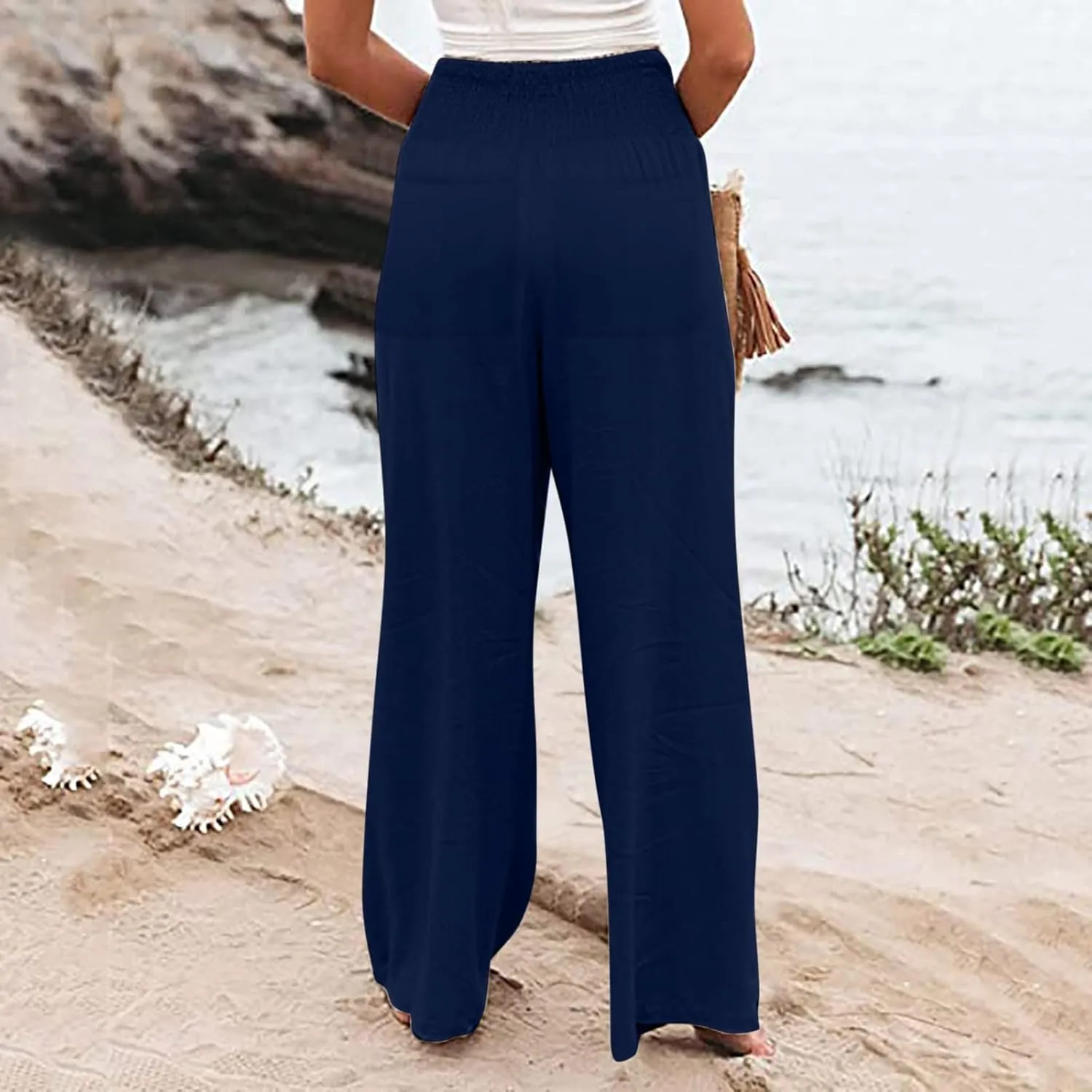 Cotton Linen Pants for Women High Waisted Casual Palazzo Pants Loose Fit Summer Wide Leg Lounge Beach Trousers with Pockets