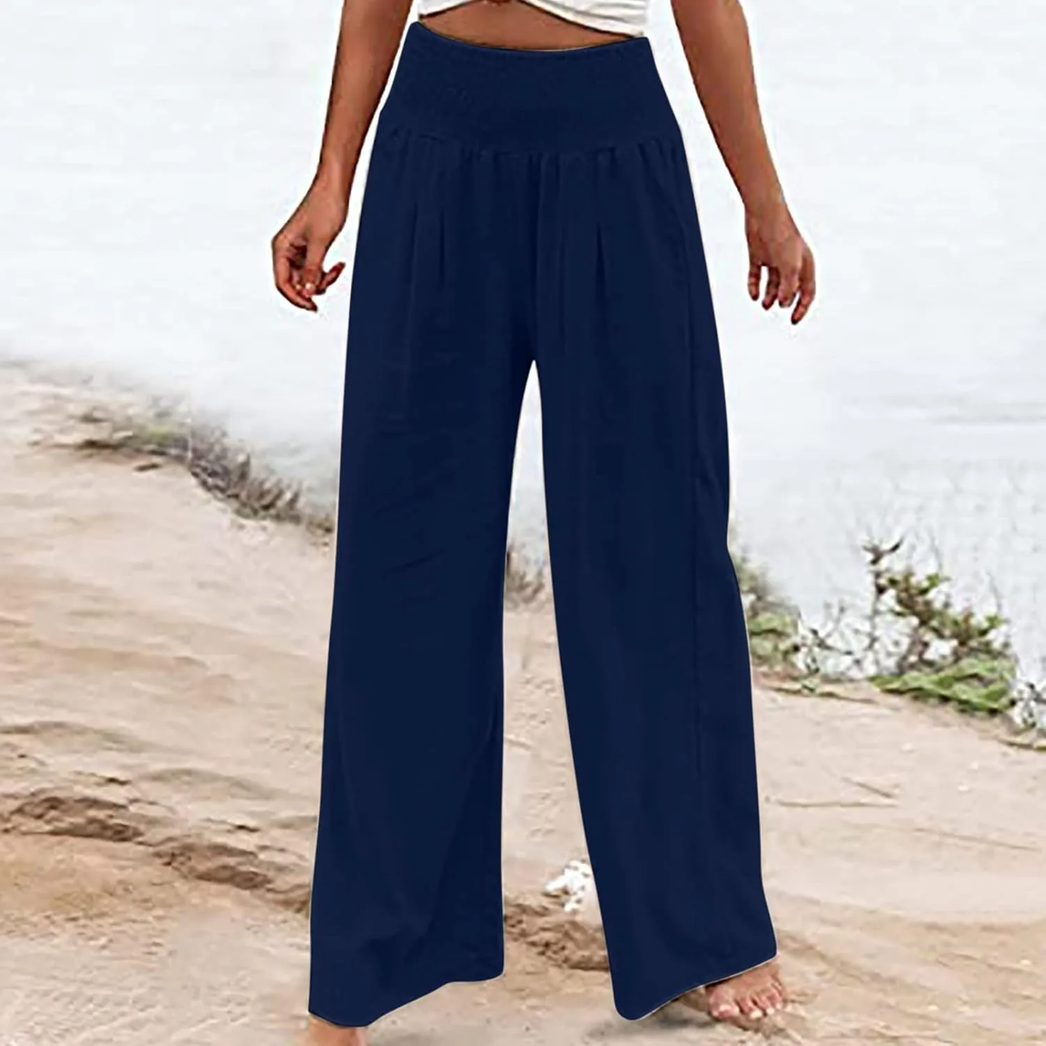 Cotton Linen Pants for Women High Waisted Casual Palazzo Pants Loose Fit Summer Wide Leg Lounge Beach Trousers with Pockets