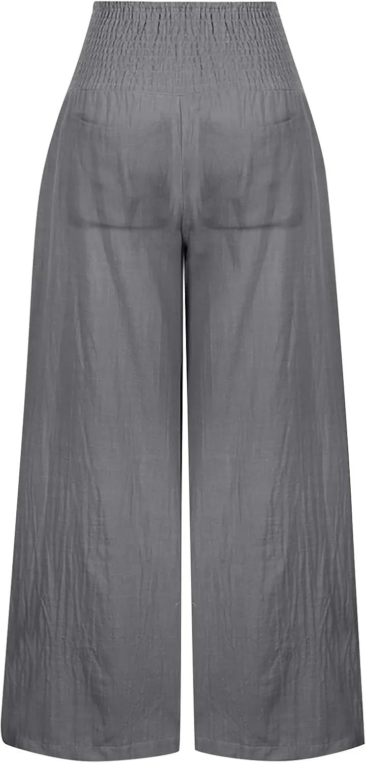 Cotton Linen Pants for Women High Waisted Casual Palazzo Pants Loose Fit Summer Wide Leg Lounge Beach Trousers with Pockets