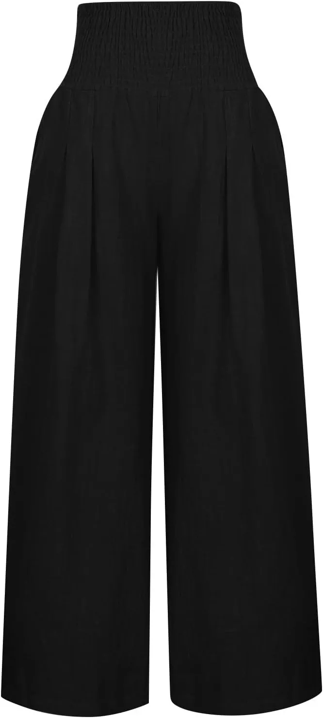 Cotton Linen Pants for Women High Waisted Casual Palazzo Pants Loose Fit Summer Wide Leg Lounge Beach Trousers with Pockets