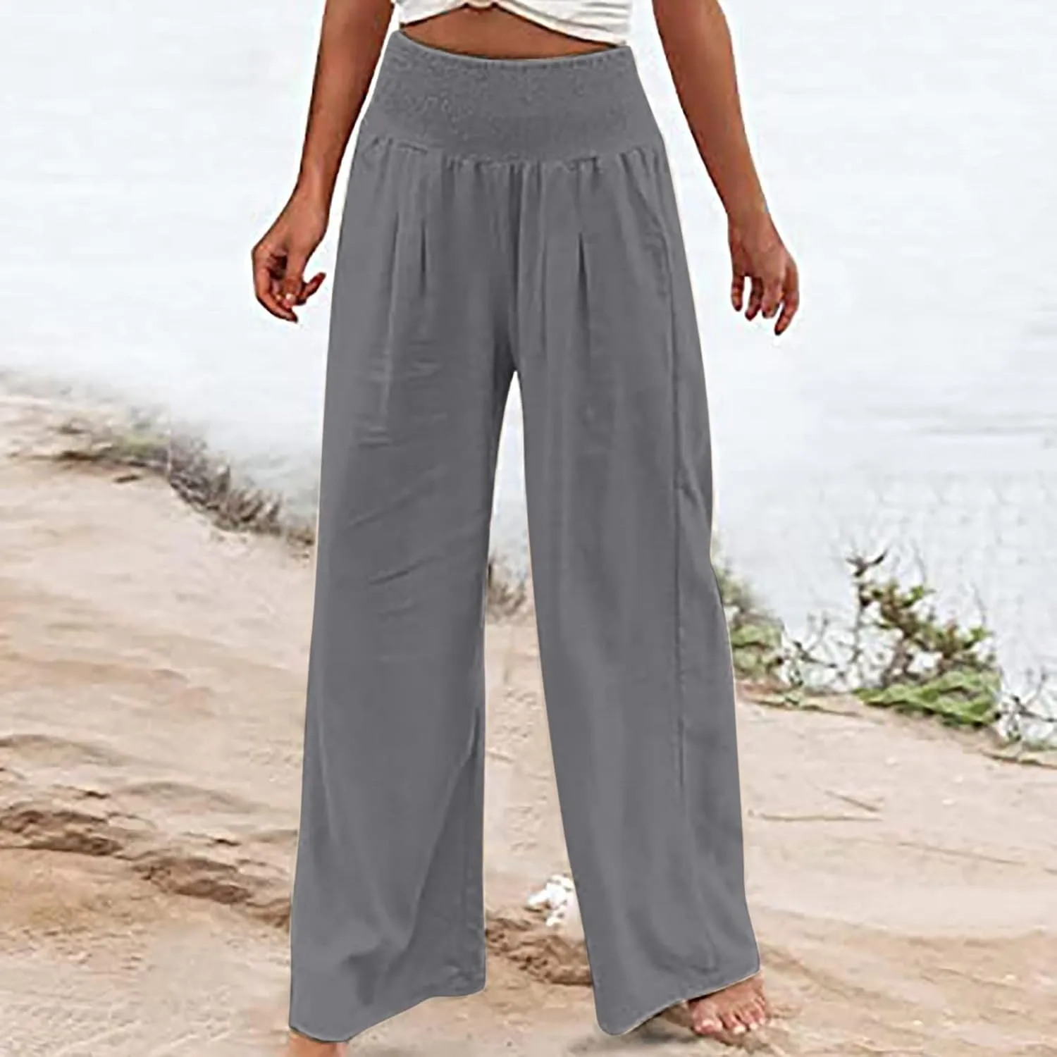 Cotton Linen Pants for Women High Waisted Casual Palazzo Pants Loose Fit Summer Wide Leg Lounge Beach Trousers with Pockets