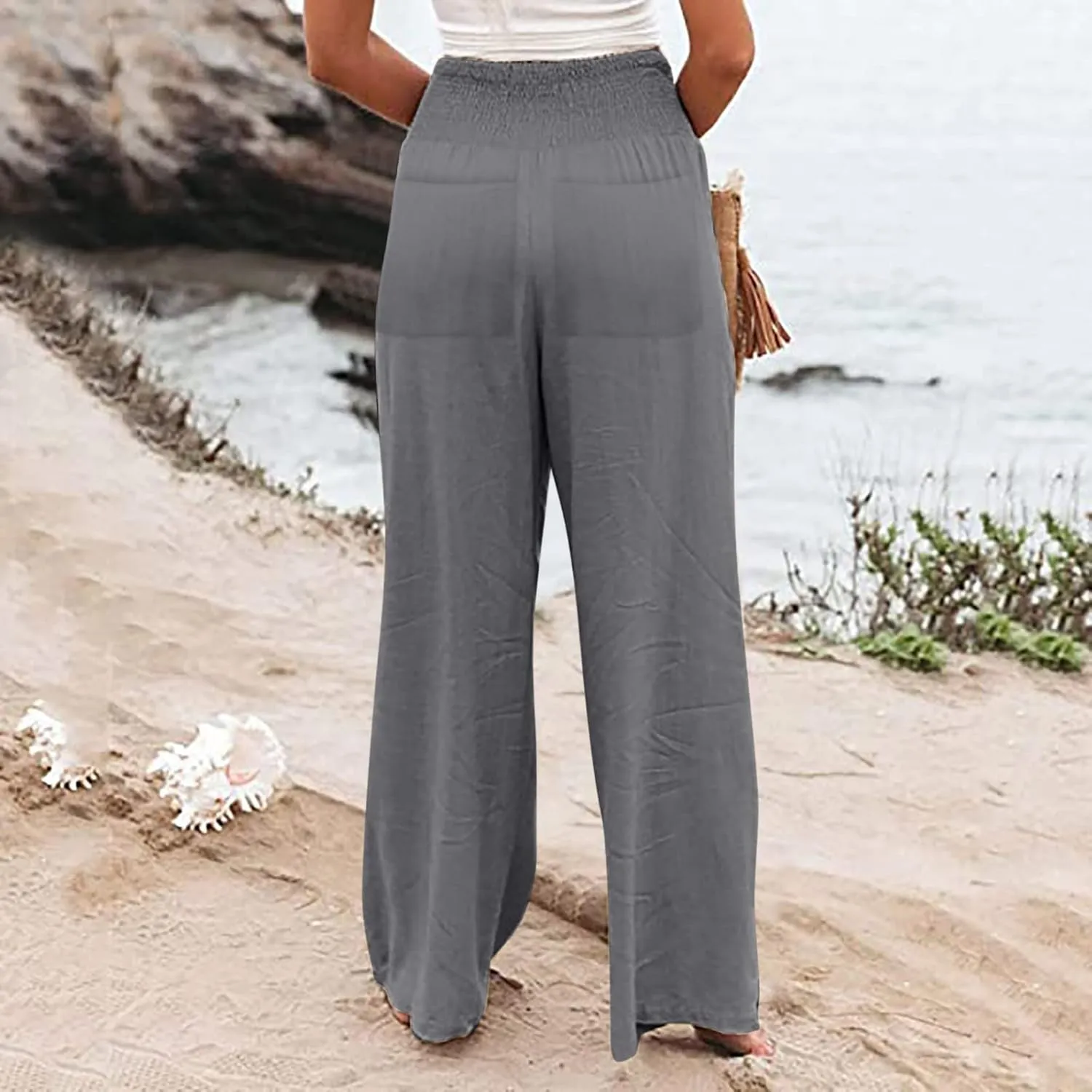 Cotton Linen Pants for Women High Waisted Casual Palazzo Pants Loose Fit Summer Wide Leg Lounge Beach Trousers with Pockets