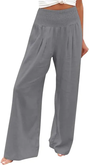 Cotton Linen Pants for Women High Waisted Casual Palazzo Pants Loose Fit Summer Wide Leg Lounge Beach Trousers with Pockets