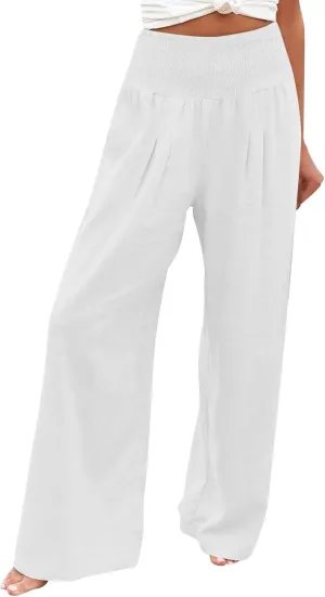 Cotton Linen Pants for Women High Waisted Casual Palazzo Pants Loose Fit Summer Wide Leg Lounge Beach Trousers with Pockets