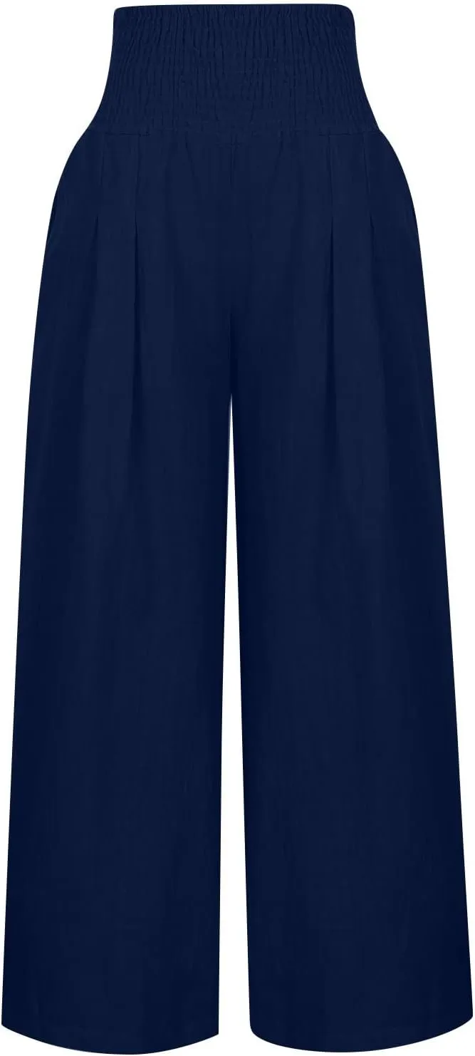 Cotton Linen Pants for Women High Waisted Casual Palazzo Pants Loose Fit Summer Wide Leg Lounge Beach Trousers with Pockets