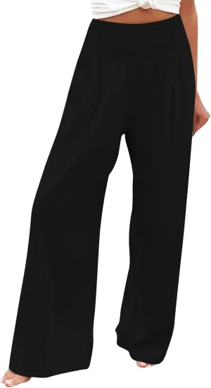 Cotton Linen Pants for Women High Waisted Casual Palazzo Pants Loose Fit Summer Wide Leg Lounge Beach Trousers with Pockets