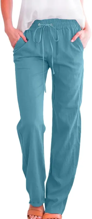 Cotton Linen Pants for Women Printed Capri Pant Plus Size Wide Leg Sweatpants Summer Cropped Elastic Waist Trousers