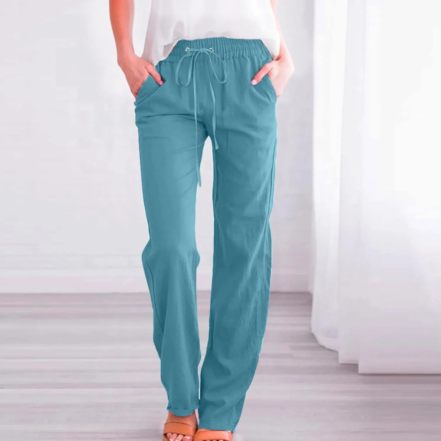 Cotton Linen Pants for Women Printed Capri Pant Plus Size Wide Leg Sweatpants Summer Cropped Elastic Waist Trousers