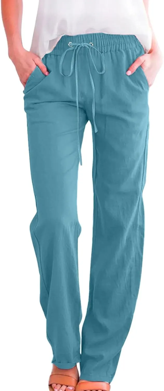 Cotton Linen Pants for Women Printed Capri Pant Plus Size Wide Leg Sweatpants Summer Cropped Elastic Waist Trousers