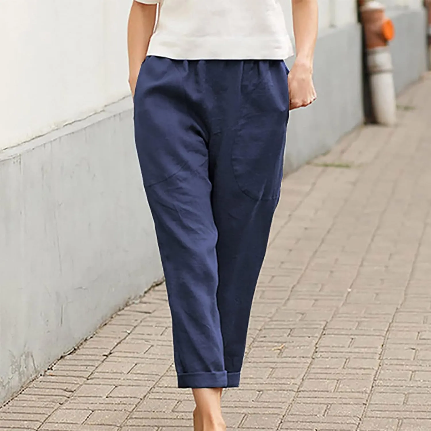 Cotton Linen Pants for Womens Elastic Waist Casual Pants Fashion Solid Color Lounge Long Trousers with Pockets