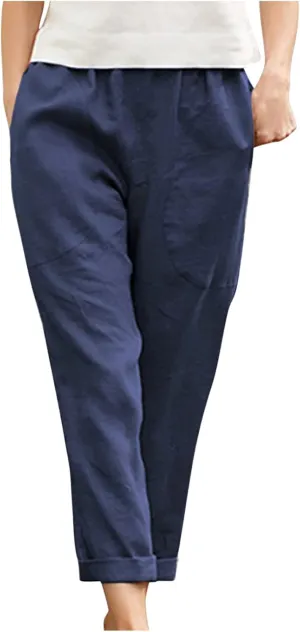 Cotton Linen Pants for Womens Elastic Waist Casual Pants Fashion Solid Color Lounge Long Trousers with Pockets
