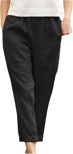 Cotton Linen Pants for Womens Elastic Waist Casual Pants Fashion Solid Color Lounge Long Trousers with Pockets