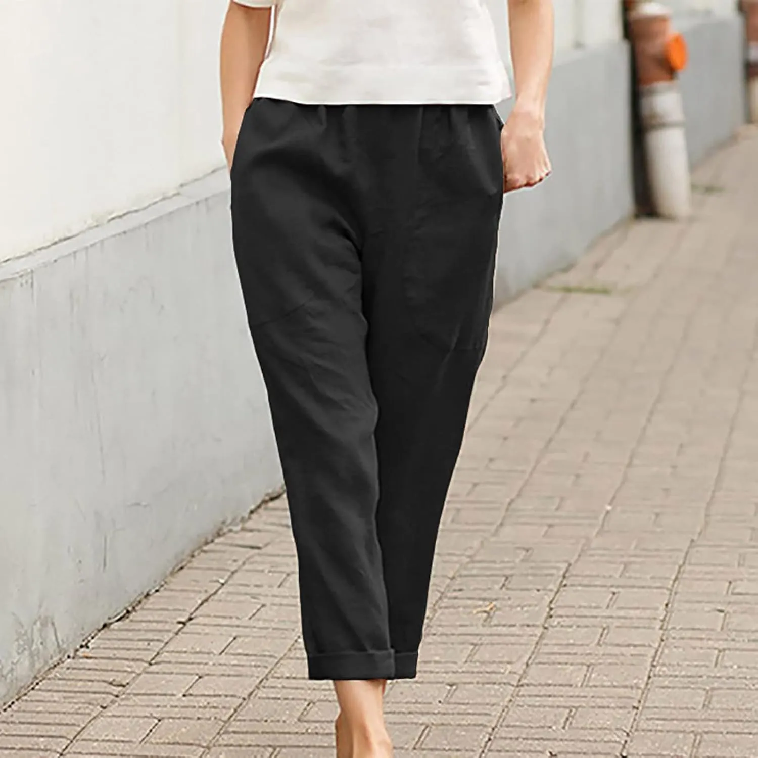 Cotton Linen Pants for Womens Elastic Waist Casual Pants Fashion Solid Color Lounge Long Trousers with Pockets