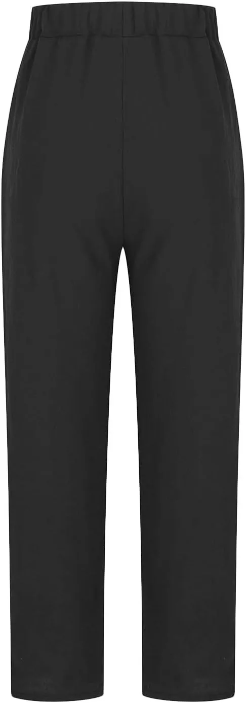 Cotton Linen Pants for Womens Elastic Waist Casual Pants Fashion Solid Color Lounge Long Trousers with Pockets