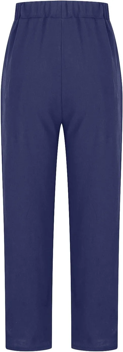 Cotton Linen Pants for Womens Elastic Waist Casual Pants Fashion Solid Color Lounge Long Trousers with Pockets