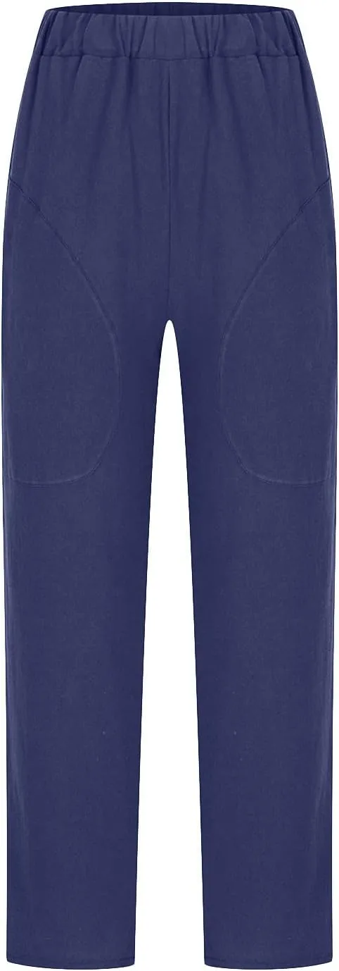 Cotton Linen Pants for Womens Elastic Waist Casual Pants Fashion Solid Color Lounge Long Trousers with Pockets