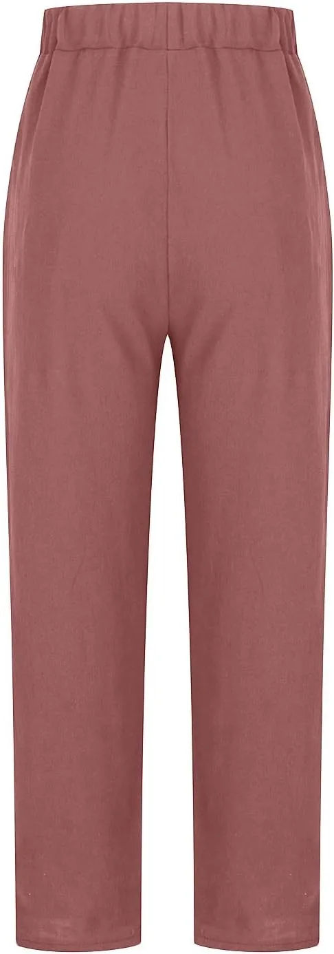 Cotton Linen Pants for Womens Elastic Waist Casual Pants Fashion Solid Color Lounge Long Trousers with Pockets