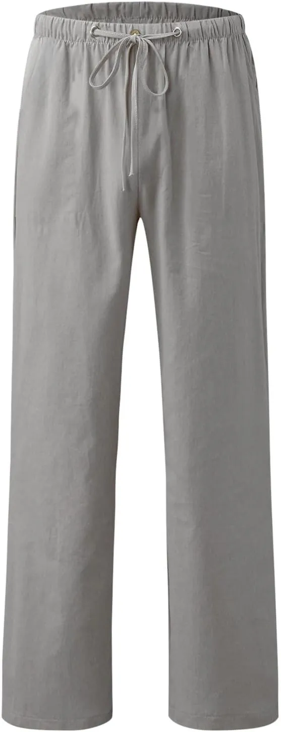 Cotton Linen Pants Women 2025 Casual Straight Leg Drawstring Elastic Hight Waist Trousers Pockets Loose Palazzo Pants