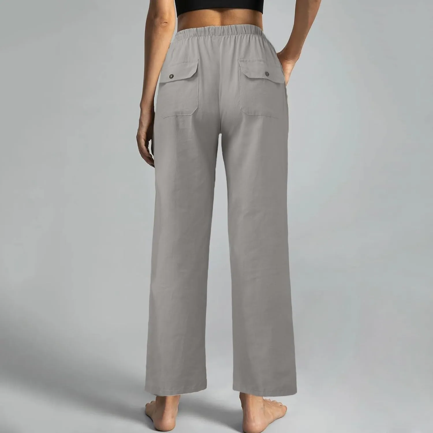 Cotton Linen Pants Women 2025 Casual Straight Leg Drawstring Elastic Hight Waist Trousers Pockets Loose Palazzo Pants