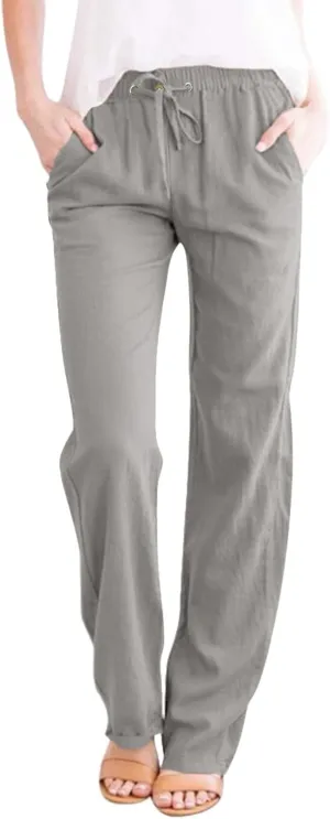 Cotton Linen Pants Women 2025 Casual Straight Leg Drawstring Elastic Hight Waist Trousers Pockets Loose Palazzo Pants