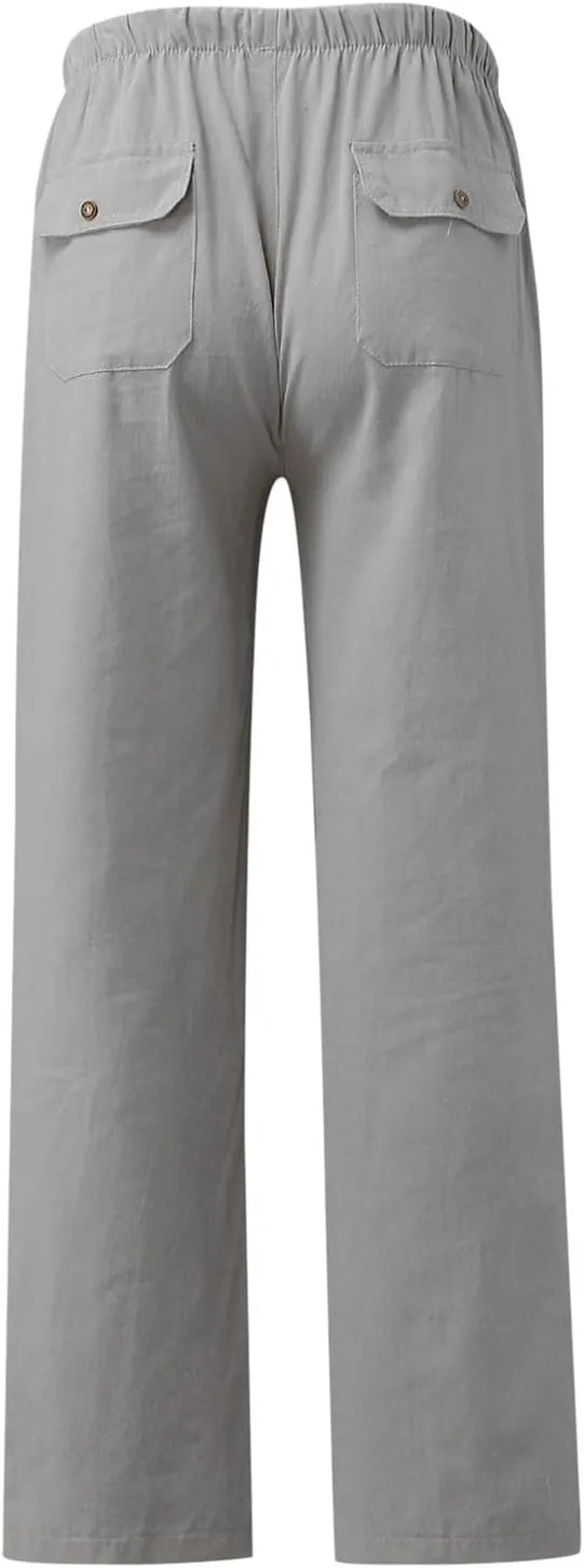 Cotton Linen Pants Women 2025 Casual Straight Leg Drawstring Elastic Hight Waist Trousers Pockets Loose Palazzo Pants
