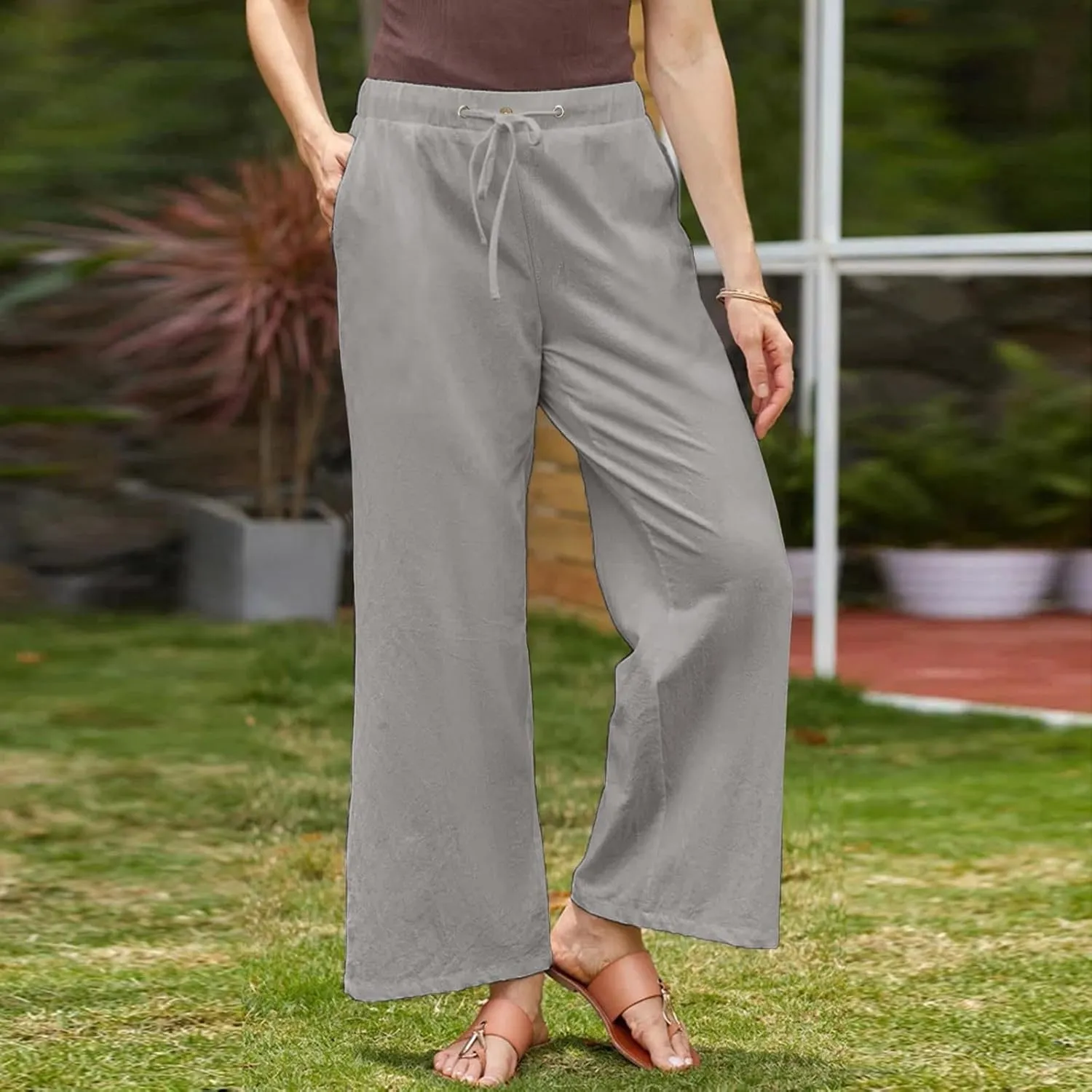 Cotton Linen Pants Women 2025 Casual Straight Leg Drawstring Elastic Hight Waist Trousers Pockets Loose Palazzo Pants