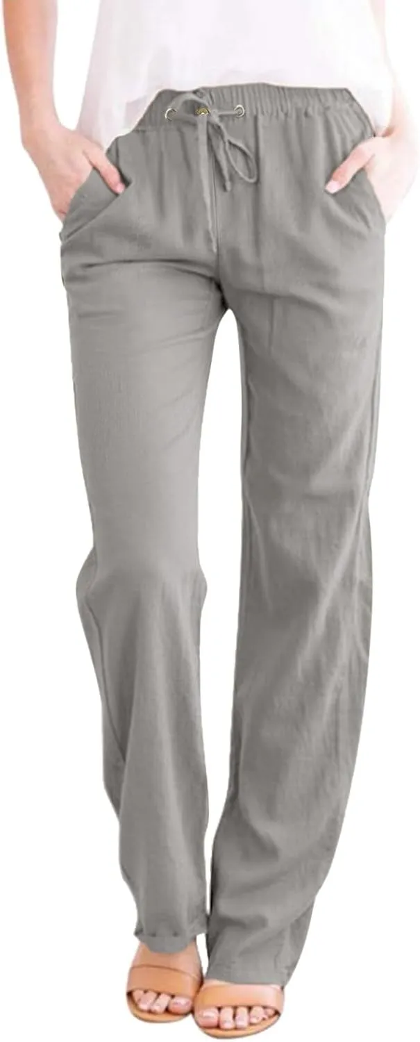 Cotton Linen Pants Women 2025 Casual Straight Leg Drawstring Elastic Hight Waist Trousers Pockets Loose Palazzo Pants