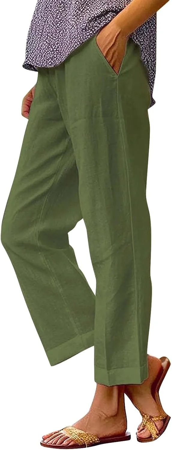 Cotton Linen Pants Women 2025 Summer Elastic Waist Crop Pants Plus Size Straight Leg Slack Trouser with Pocket