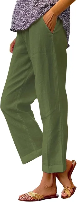 Cotton Linen Pants Women 2025 Summer Elastic Waist Crop Pants Plus Size Straight Leg Slack Trouser with Pocket