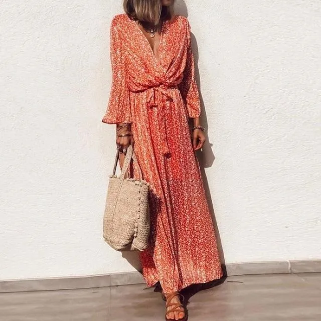 Dunnmall Plus Size Casual V-neck Floral Print Long Sleeve Maxi Boho Dress Elegant Sashes Party Dress