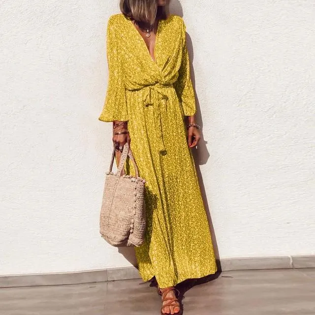 Dunnmall Plus Size Casual V-neck Floral Print Long Sleeve Maxi Boho Dress Elegant Sashes Party Dress