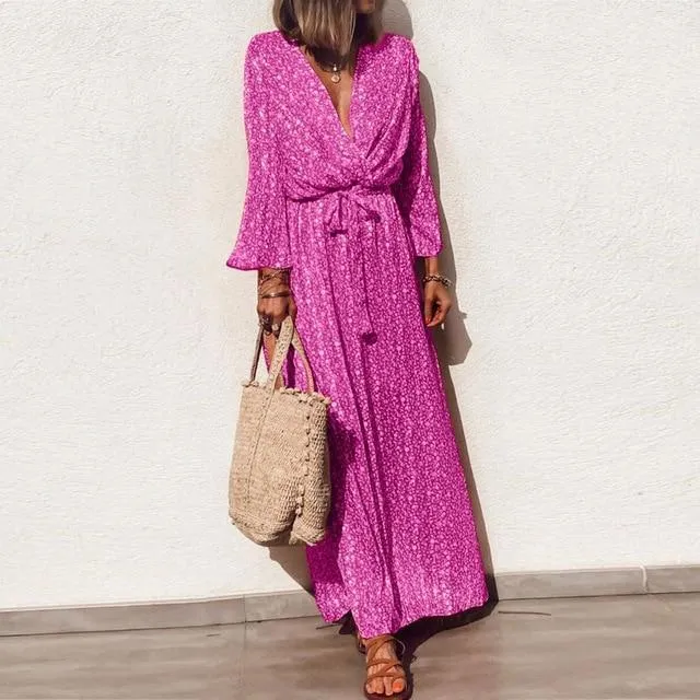 Dunnmall Plus Size Casual V-neck Floral Print Long Sleeve Maxi Boho Dress Elegant Sashes Party Dress