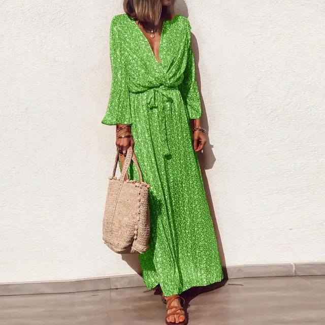 Dunnmall Plus Size Casual V-neck Floral Print Long Sleeve Maxi Boho Dress Elegant Sashes Party Dress