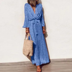 Dunnmall Plus Size Casual V-neck Floral Print Long Sleeve Maxi Boho Dress Elegant Sashes Party Dress
