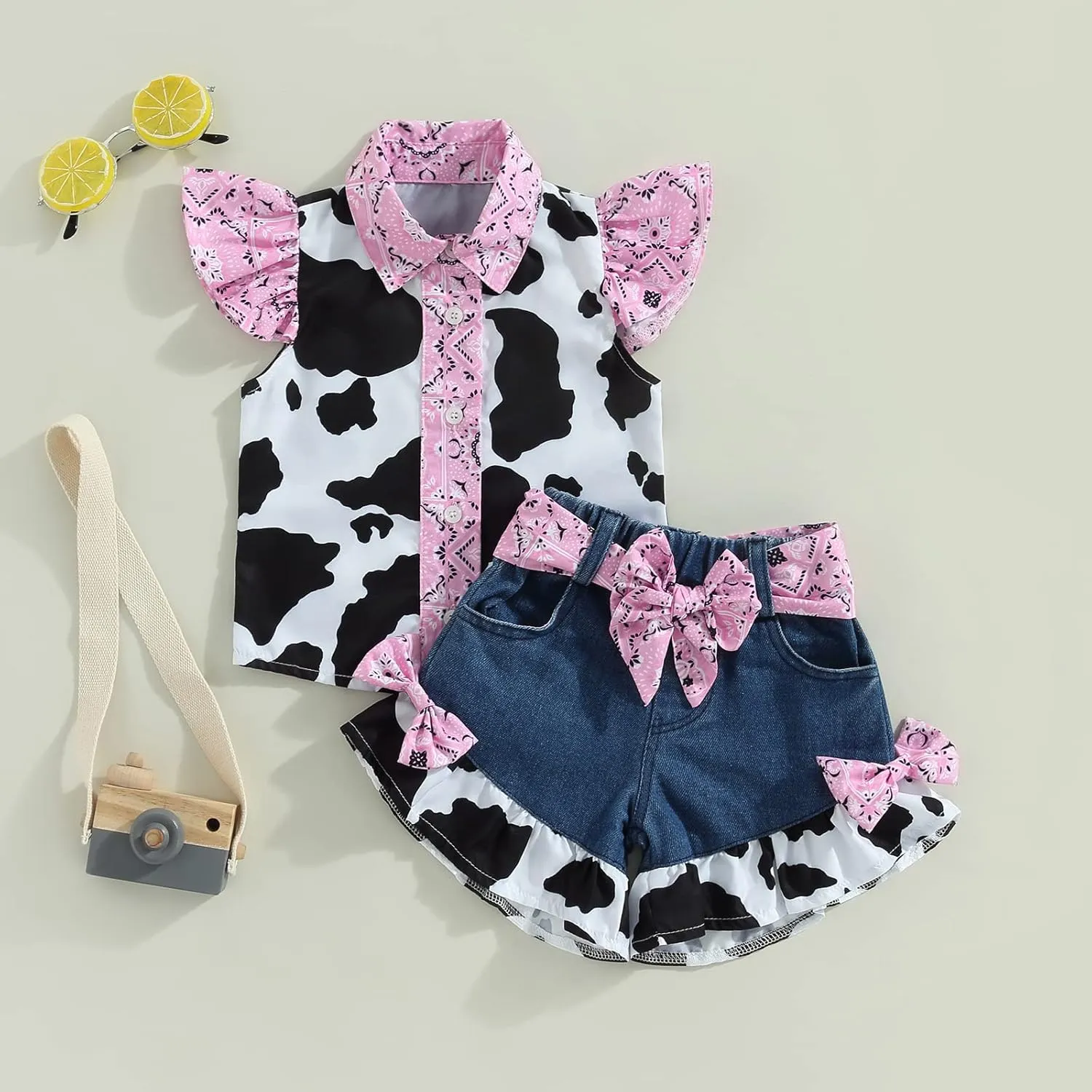 Emmababy Western Toddler Girls Denim Outfits Ruffle Sleeveless Cow Print Shirt Button Down Tops Belted Wide Leg Jeans Shorts