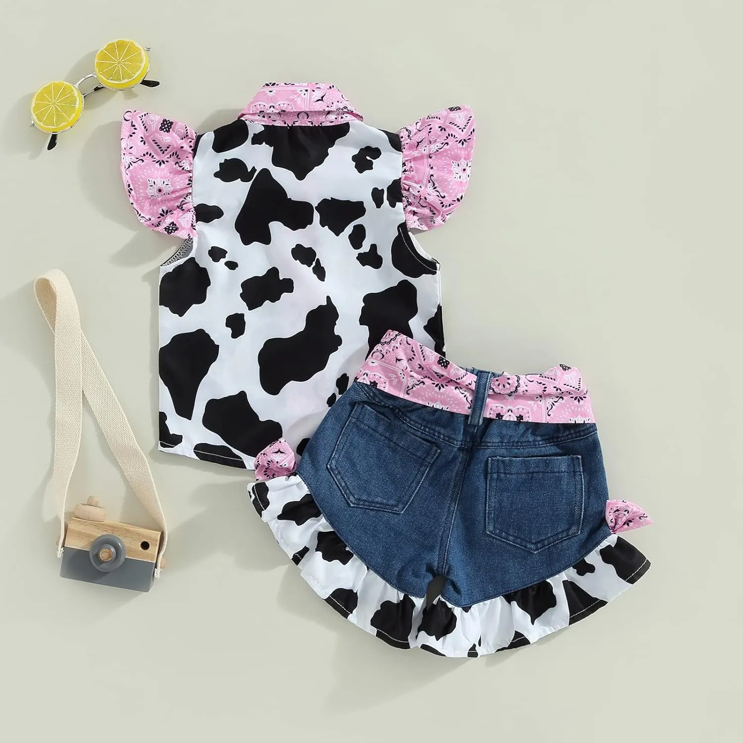 Emmababy Western Toddler Girls Denim Outfits Ruffle Sleeveless Cow Print Shirt Button Down Tops Belted Wide Leg Jeans Shorts