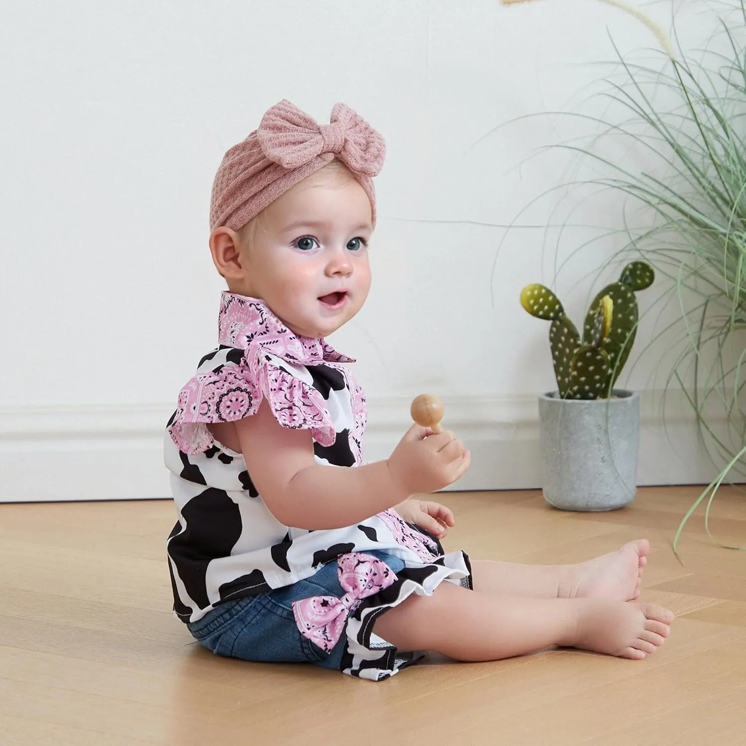 Emmababy Western Toddler Girls Denim Outfits Ruffle Sleeveless Cow Print Shirt Button Down Tops Belted Wide Leg Jeans Shorts
