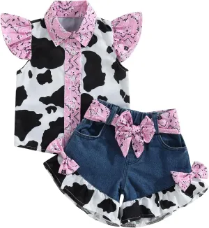 Emmababy Western Toddler Girls Denim Outfits Ruffle Sleeveless Cow Print Shirt Button Down Tops Belted Wide Leg Jeans Shorts